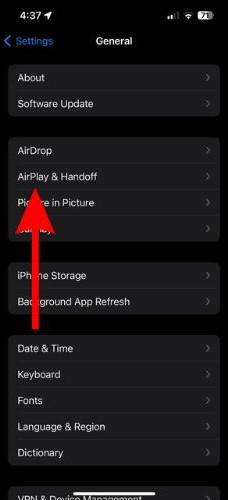Tap the AirPlay and Handoff option