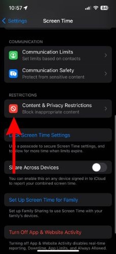 Tap the Content and Privacy Restrictions option