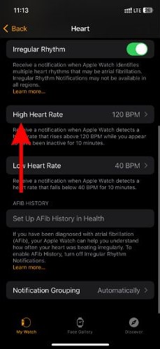 Tap the High Heart Rate option
