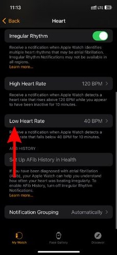 Tap the Low Heart Rate option