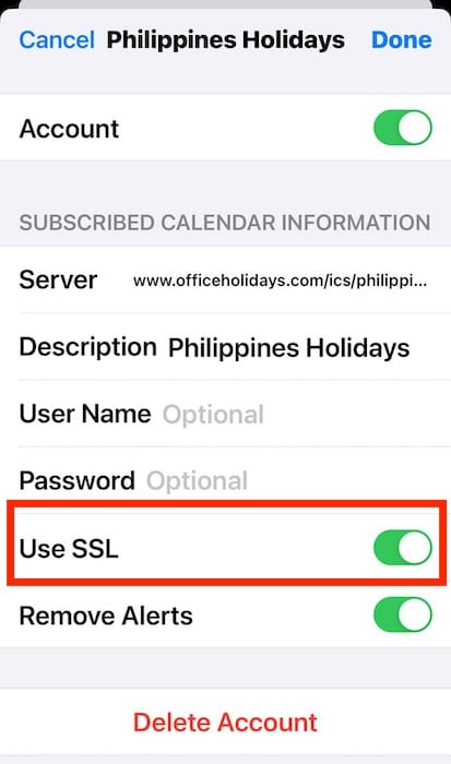 Tap the Toggle Button for Use SSL Because iPhone Cannot Verify Server Identity