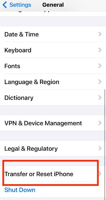 The Transfer or Reset iPhone Section on the iOS Settings