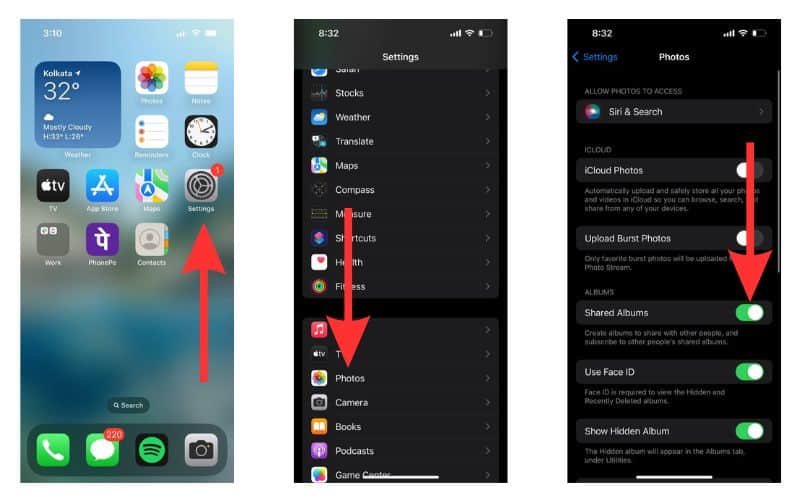 Turn on Shared Albums from Settings
