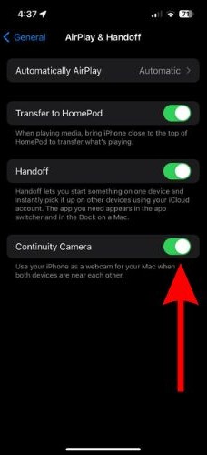 Turn on the Continuity Camera toggle to Use iPhone as external Microphone