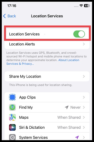 disable and enable location