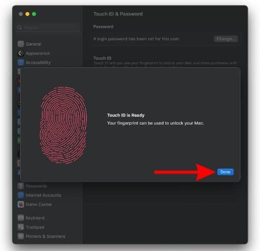 Click Done to save the fingerprint to Touch ID