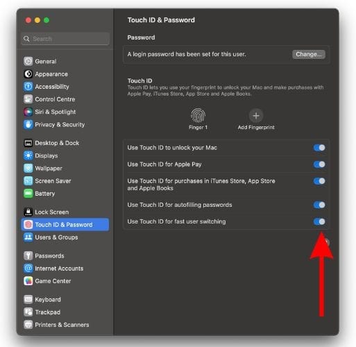 Click Touch ID and Password in System Settings