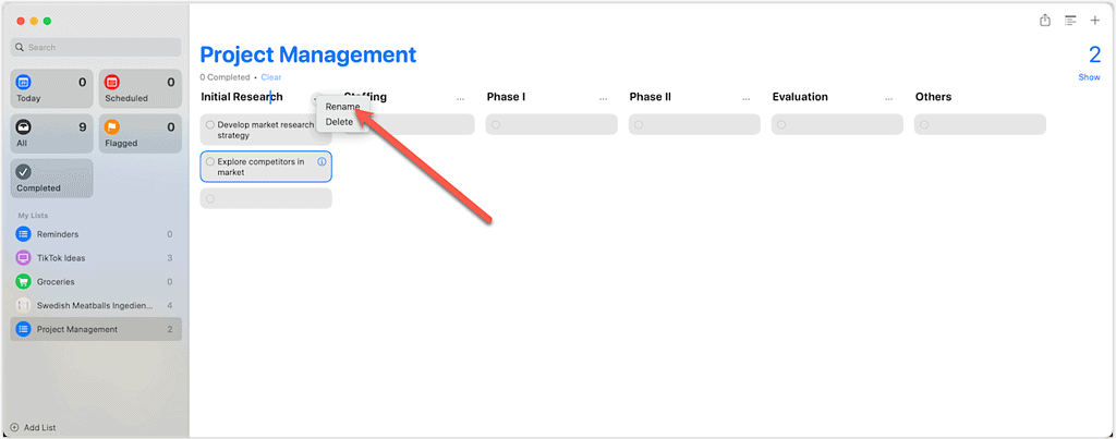 Kanban in Sonoma Reminders - Rename Section