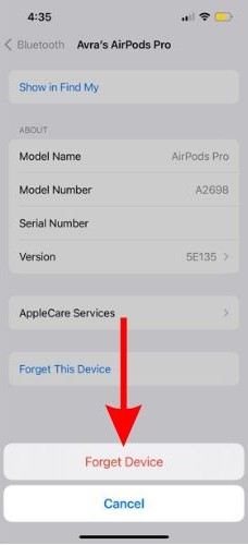 Tap Forget This Device to confirm your Selection to fix AirPods flashing orange
