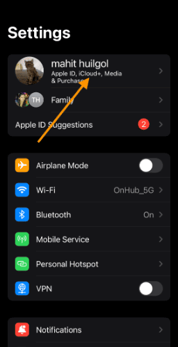 iPhone Apple ID settings button