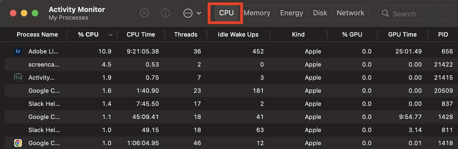 Screenshot Activity Monitor CPU