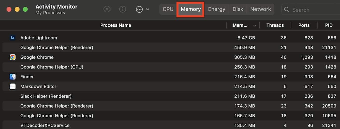 Screenshot Activity Monitor - Memory