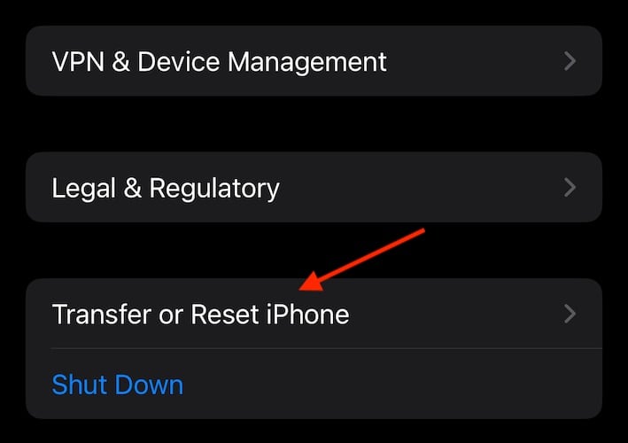 Navigate to Transfer or Reset iPhone