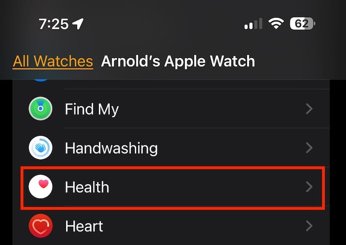 Screenshot of Apple Watch Health App on iPhone