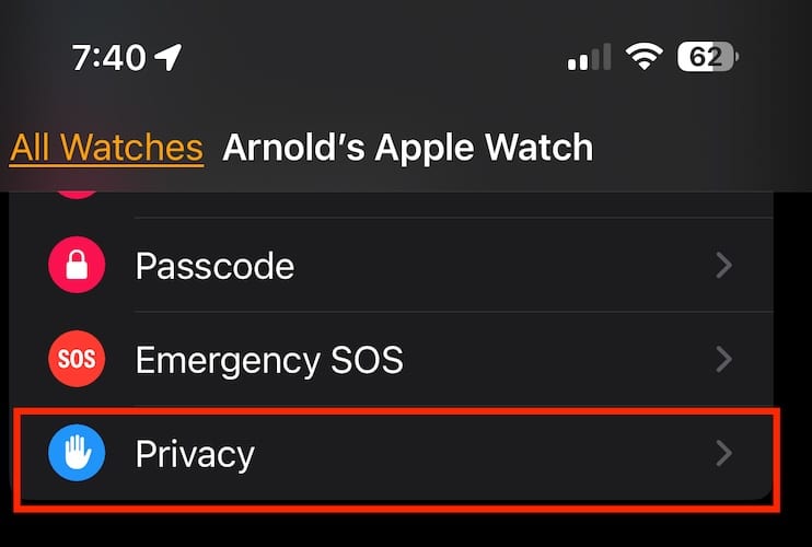 Screenshot of Apple Watch Privacy