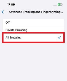 Choose All Browsing to enable Advanced Tracking and Fingerprinting Protection for normal browsing