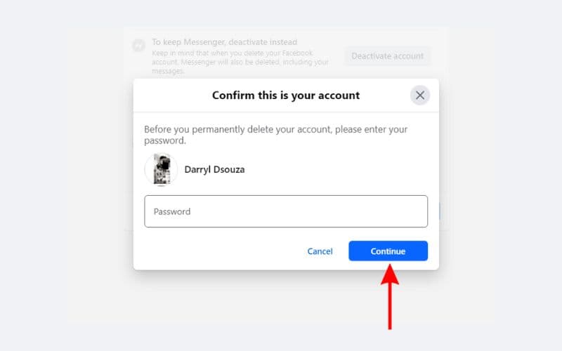 Enter your Facebook account password and click Continue