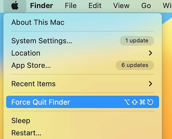Force Quit Finder Apple Menu