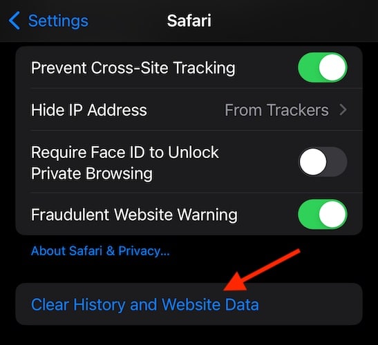 Navigate to Safari under your iPhone Settings and select Clear History and Website Data. 