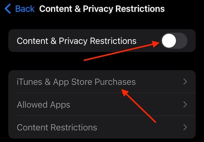 Enable Content & Privacy Restrictions and then choose iTunes & App Store Purchases.