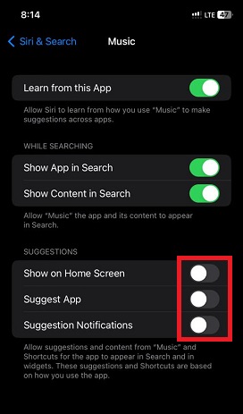 Select Apple Music and toggle off all Siri Suggestions