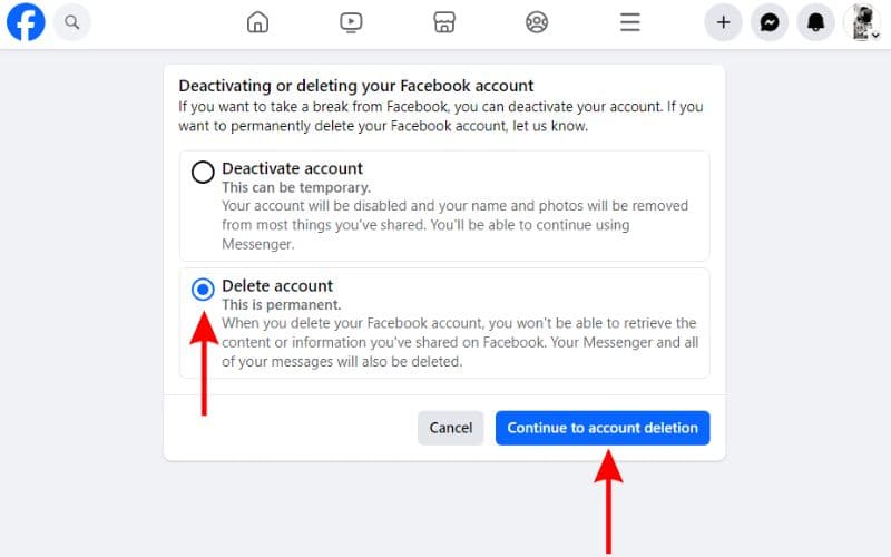 Select Delete account and click Continue to account deletion