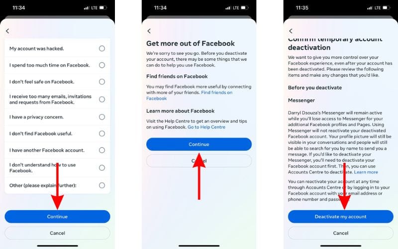 Select a reason and Deactivate your account to Deactivate Facebook iPhone