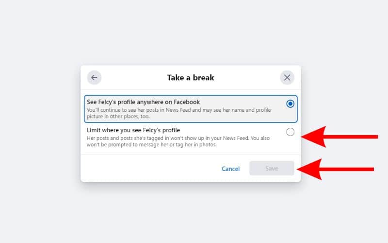 Select the Limit option and click Save on the take a break page on Facebook
