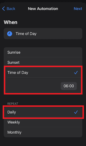 Set the time you want night mode to trigger and set the repeat schedule to Daily