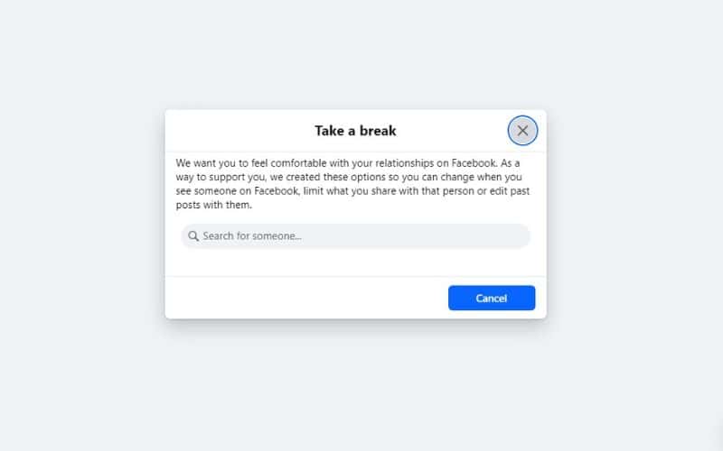 Search for the user on the Take a break page on Facebook