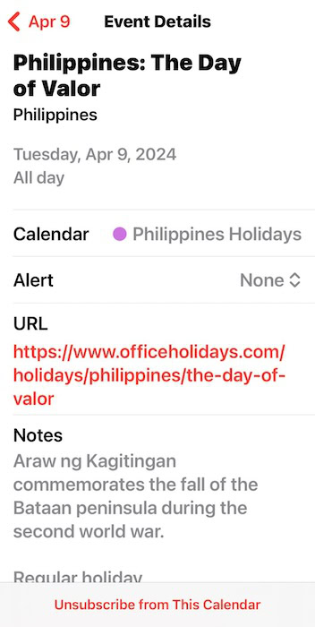 Clicking Unsubscribe Calendar Holidays