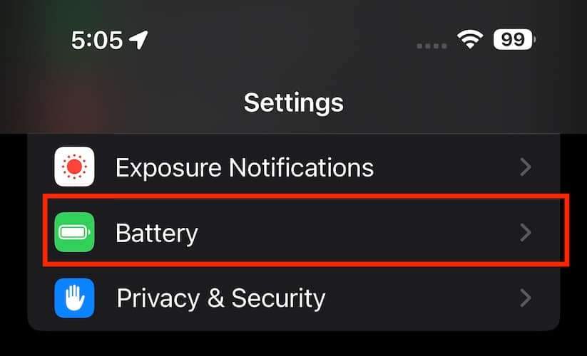 Screenshot iPhone Battery Settings