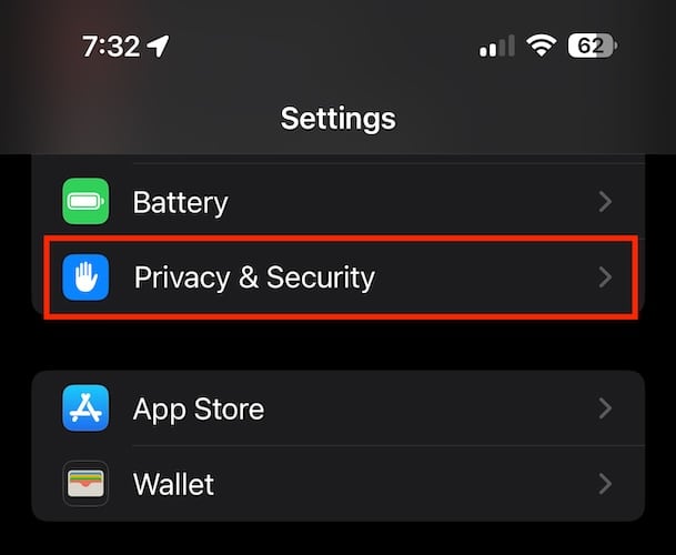 Screenshot of iPhone Privacy & Security Settings