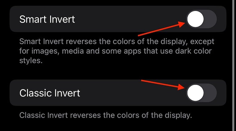 iPhone Randomly Inverts Colors Disable Classic Invert and Smart Invert