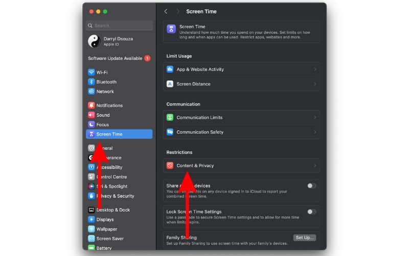 Click Content and Privacy Restrictions in Screen Time settings