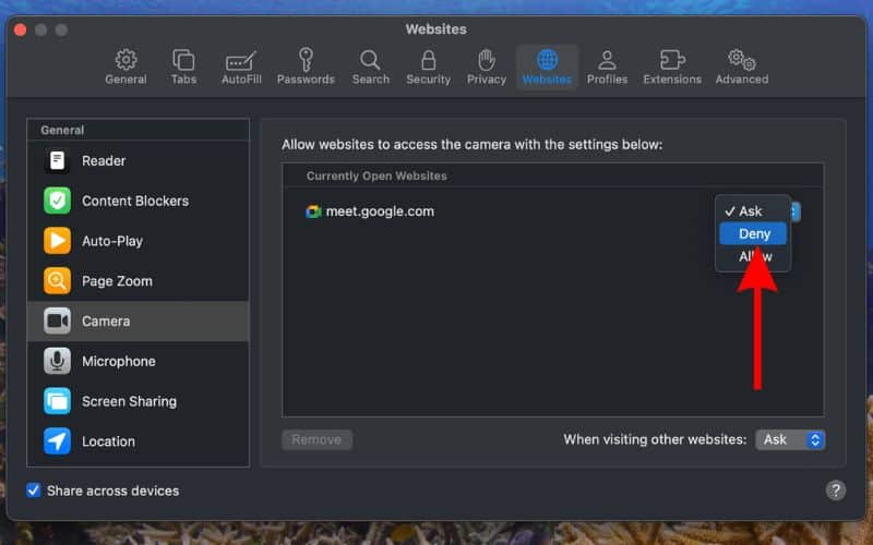 Click Deny to restrict access to a currently open website to Disable webcam on your Mac
