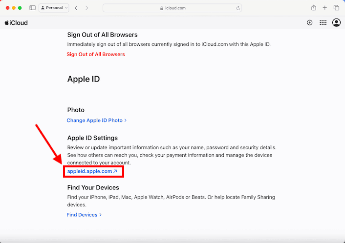 Click the link under Apple ID Settings to go to appleid.apple.com