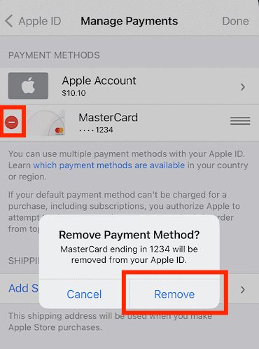 Click the minus icon next to the card you want to remove and select Remove in the po-up