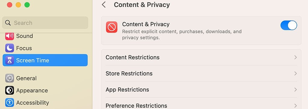 The Content & Privacy Option in Screen Time