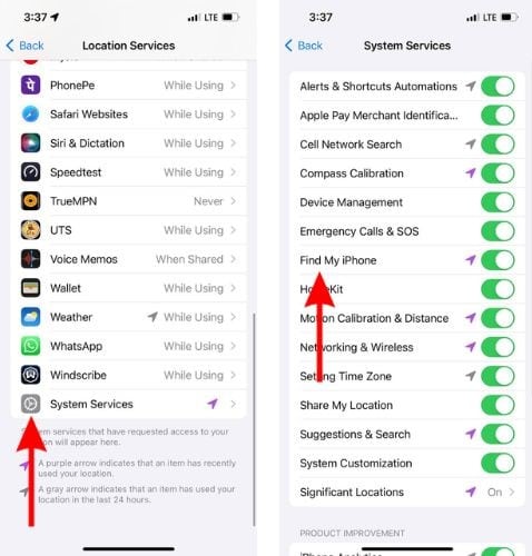 Enable Find My iPhone in Location Services