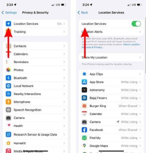 Enable Location Services in Privacy and Security Settings