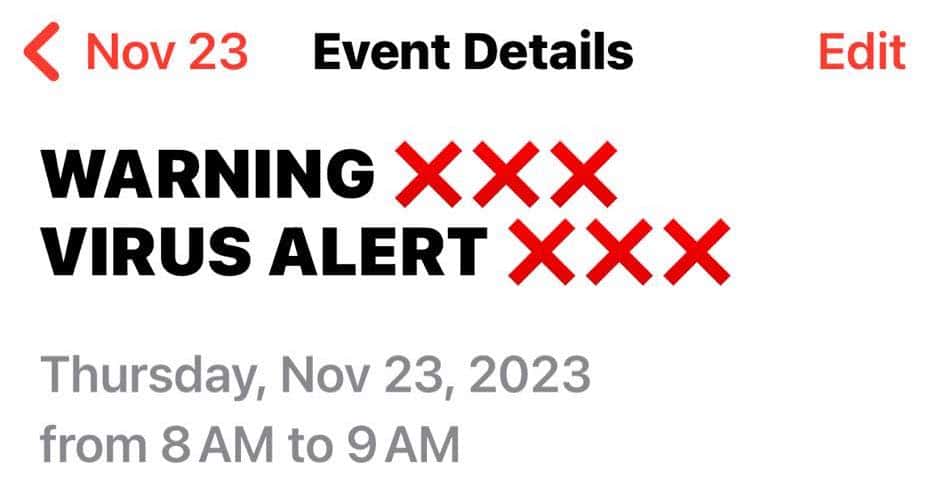 Fake Calendar Event Virus on iPhone