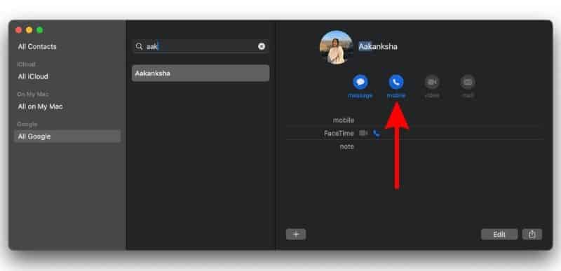 Make Cellular Call on Mac through the Contacts app