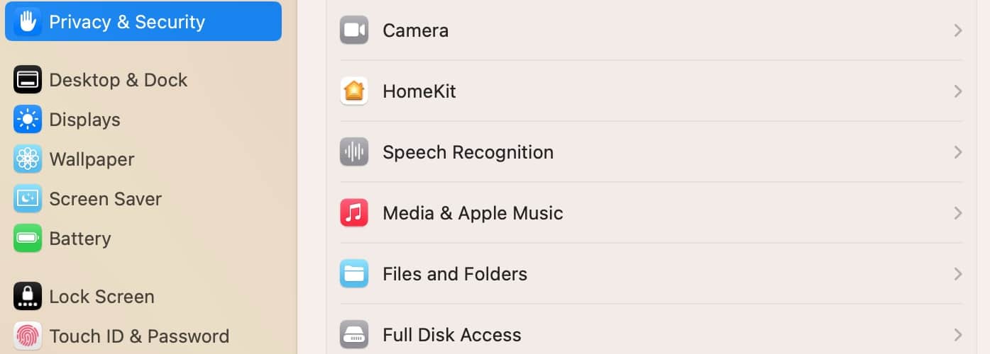 Privacy & Security Section in Mac System Settings