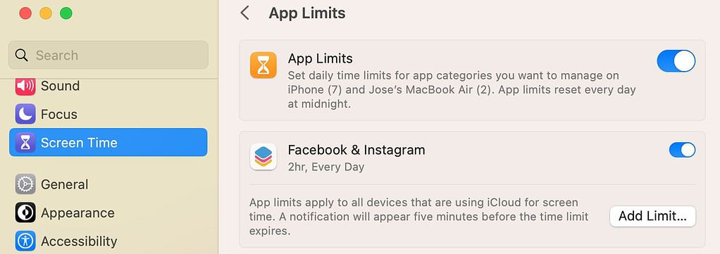 App Limits Option in Screen Time Section