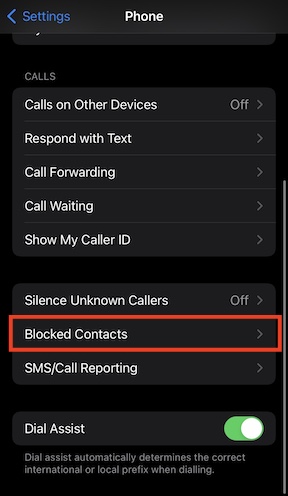 Scroll down to Blocked Contacts and select it