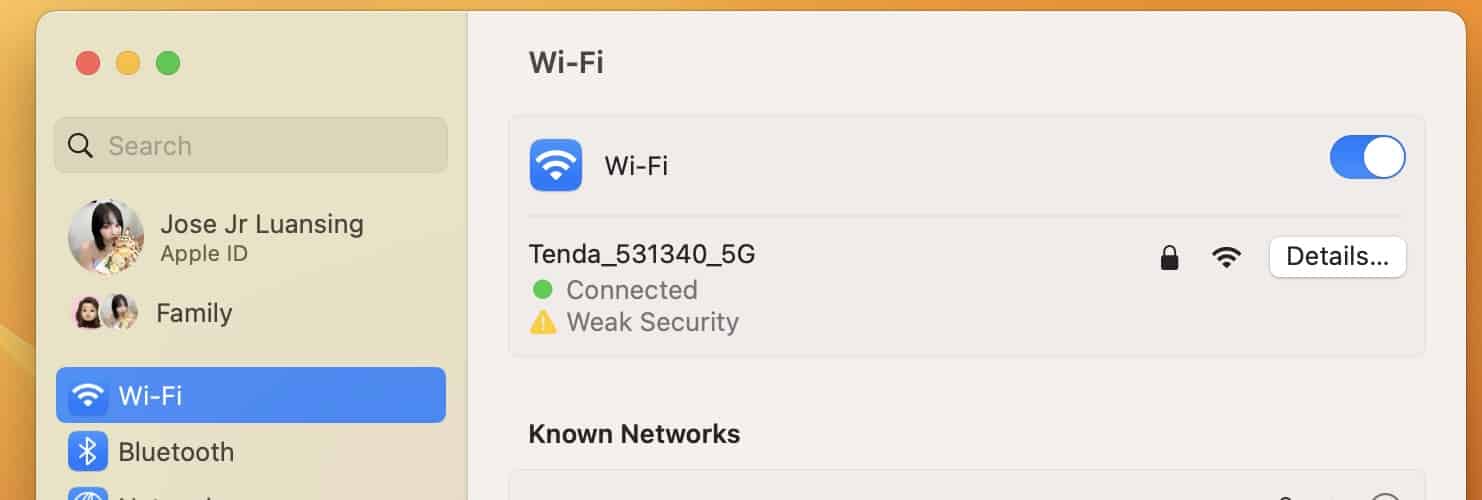 Wi-Fi Settings of Wi-Fi Name Details