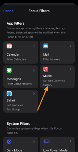 Select Apple Music in Focus filter menu