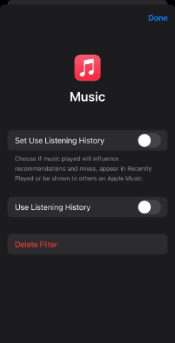 Pause Apple Music History in Focus Mode