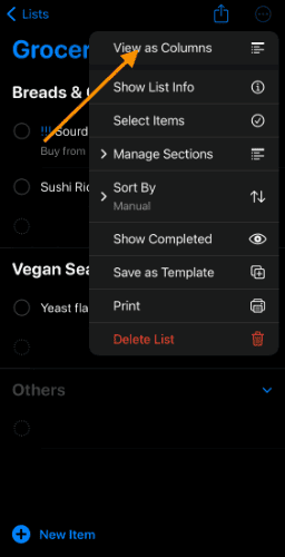 Change layout view in Reminders app